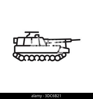 self propelled artillery black line icon. Vector isolated element.Editable stroke Stock Vector