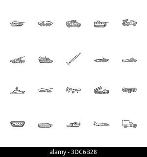 military transport black line icons set. Vector isolated element.Editable stroke Stock Vector