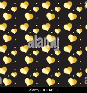 Golden Hearts Seamless Pattern Luxury Heart Shape and Polka Dot Background on Black Stock Vector