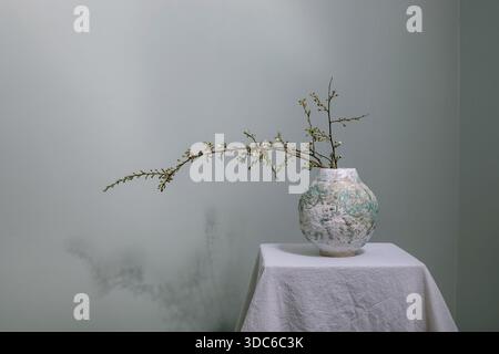 Delicate flowering branch arranged in textured ceramic vase on white tablecloth against soft gray wall. Minimalist composition with shadow cast on wal Stock Photo