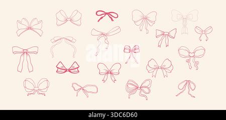 Thin ribbon bow accessory pink coquette set. Whimsical gift element vintage hand drawn for romantic invitation, birthday, card, wedding design. Vector illustration Stock Vector