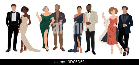 Set of diverse couples in elegant formal attire Stock Vector