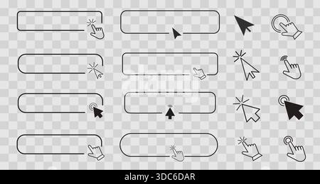 Set line frame border with arrow, mouse pointer, Button click here, action for web, simple ui ux design element. Press, search box. Vector illustration Stock Vector