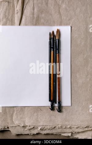 Three traditional calligraphy brushes with wooden handles and natural bristles placed on white rice and mulberry paper sheet against textured kraft pa Stock Photo