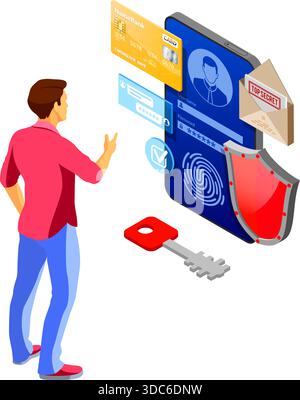 Personal data protection, internet security. phone with confidential data protection, shield, user login form. antivirus hacking isometric concept. la Stock Vector