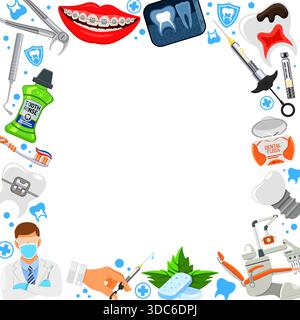 Dental Services Dentistry Hygiene banner and frame with flat icons dentist chair, braces, x-ray, cartridge syringe, implant, Dentist tools and tooth r Stock Vector