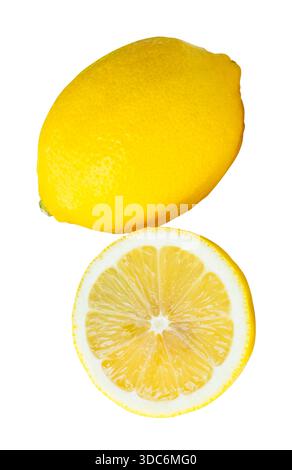 Front view of ripe yellow lemon fruit with half or slice in circle shape in stack is isolated on white background with clipping path. Stock Photo