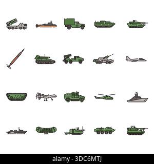 military transport black line icons set. Vector isolated element.Editable stroke Stock Vector