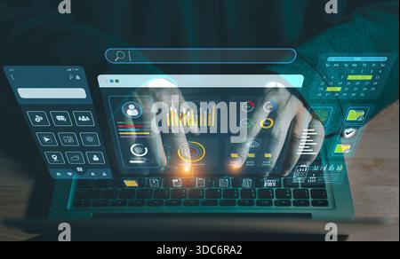 Process of creating an interface for a mobile app. User interface and experience concept. Holographic displays, icons, data visualizations. Web, appli Stock Photo