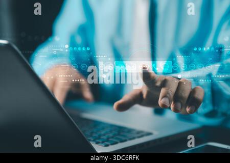 Contact us or the customer support hotline to connect. Businessman touching on virtual screen contact icons. Connecting line, email, AI chat, internet Stock Photo