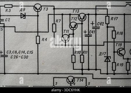 Old radio circuit printed on vintage paper electricity diagram as background for education, electricity industries. Electric radio scheme from USSR Stock Photo