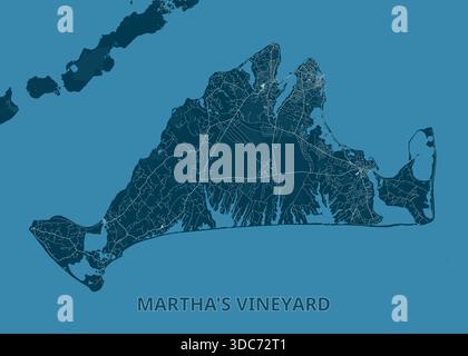 Map of Martha's Vineyard, rendered in shades of blue. The island's shape is clearly defined, with intricate details of roads and waterways visible. Stock Vector