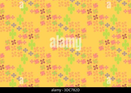 This premium luxury vector illustration features a seamless repeating pattern of stylized four-petal flowers in soft hues of coral pink, leafy green, Stock Vector