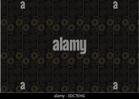 This elegant seamless pattern features intricate gold geometric line-art elements arranged in a symmetrical, repeating design over a deep black backgr Stock Vector