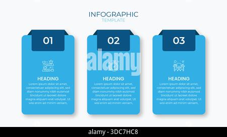 3-step infographic design with blue vertical cards, clean icons, and headings. Ideal for timelines, workflows, and business process presentations. Stock Vector