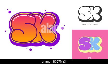 SK logo design for festival or party. Initial letter s and k in graffiti style. Creative modern lettering company name of font typography. Kids trendy Stock Vector