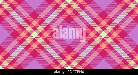 Decorative plaid texture background, bag check textile seamless. Equal fabric pattern tartan vector in pink and purple colors palette. Stock Vector