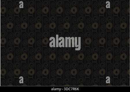 This elegant seamless pattern features intricate gold geometric line-art elements arranged in a symmetrical, repeating design over a deep black backgr Stock Vector