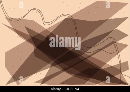 A modern abstract vector illustration featuring overlapping geometric shapes in various shades of brown and beige. Thin black wavy lines add dynamic m Stock Vector