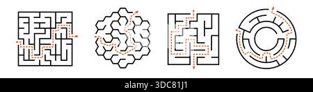 Intricate maze patterns set with diverse path designs Stock Vector