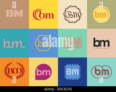 BM logo company template. Letter b and m logotype. Set different classic serif lettering and modern bold text with design elements. Initial font typog Stock Vector