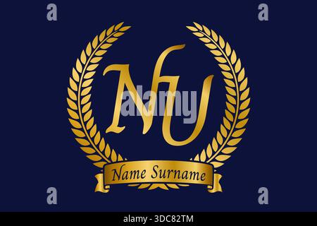 Initial letter N and U, NU monogram logo design with laurel wreath. Luxury golden emblem with calligraphy font. Stock Vector