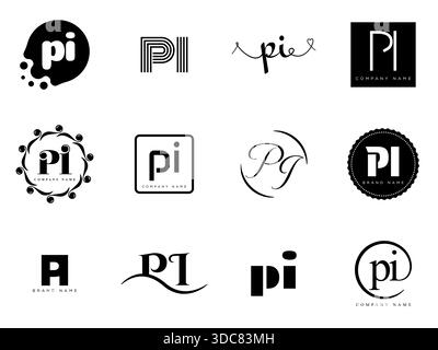 PI logo company template. Letter p and i logotype. Set different classic serif lettering and modern bold text with design elements. Initial font typog Stock Vector