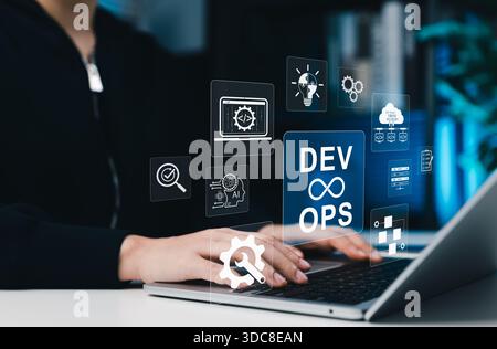Concept of DevOps and AI driven software development operations. Working with DevOps icons, automation tools, cloud systems, testing, Stock Photo