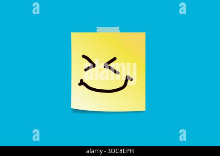 Smiling face drawn on yellow sticky note over blue background Stock Photo