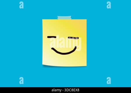 Smiling face drawn on yellow sticky note over blue background Stock Photo