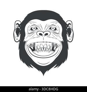 Monkey Face Illustration. Grinning Monkey Head Portrait In Black and White Line Art. Funny Monkey Mascot Logo for Tattoo, Sticker, Streetwear, Poster Stock Vector