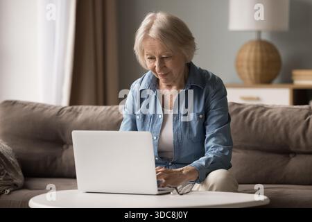 Smart mature lady working on modern notebook at home office Stock Photo