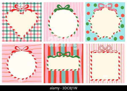 Cute vector candy cane frames with bows, heart, star, circle and square shaped borders with different striped, check and dots backgrounds Stock Vector