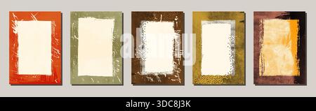 Abstract vector grunge frames with distressed textured design, grungy backgrounds, posters with grainy, scratched messy texture in earthy fall colors Stock Vector