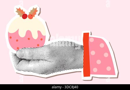 Halftone hand collage with pink Christmas pudding, cute vector pie with leaves for holiday designs Stock Vector