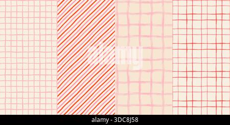 Pink and red check and stripe seamless vector patterns set, Cute cream pastel colors gingham backgrounds for Christmas and Valentine's day designs Stock Vector