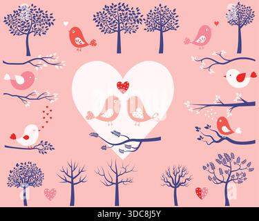 Valentine day design elements with birds, trees, branches and hearts in pink, red and blue colors for greeting cards and invitations Stock Vector