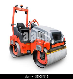 Orange heavy vibration road roller isolated on white background for asphalt paving and construction works. High quality photo Stock Photo