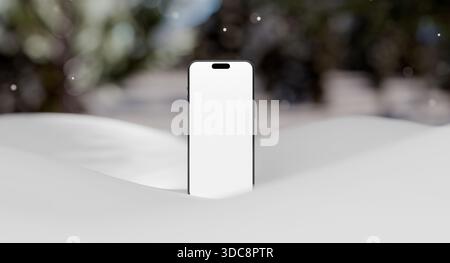 Mobile phone with blank screen in the snow. Winter natural landscape. High resolution rendering. Stock Photo