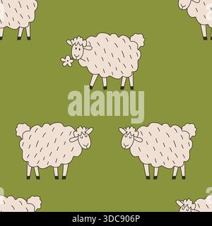Seamless cute pattern of sheep on green background.Endless simple children ornament.Backdrop for fabric,textile,linen,covers,wrapping.Vector Stock Vector