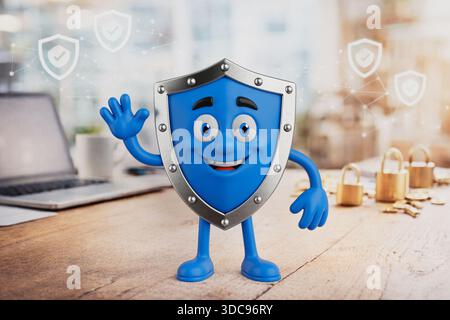 Cybersecurity Protection And Data Safety Concept. Friendly Shield Mascot Waving On Office Desk With Laptop And Locks Background In Modern Style Extrem Stock Photo