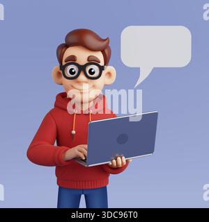 Online Communication And Digital Learning Concept. Friendly Nerd Cartoon Character Using Laptop With Speech Bubble On Blue Background In Clean Modern Stock Photo