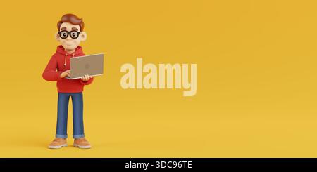 Creative Digital Education Concept. Friendly Cartoon Student Character With Laptop Standing On Yellow Background Showing Online Learning And Technolog Stock Photo