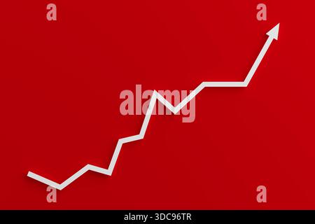 Business Growth And Financial Success Concept. Rising White Arrow Graph Showing Profit Increase On Red Background In Minimal Modern Style. 3d renderin Stock Photo