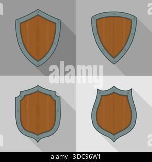 Set of vector wooden shields with blue frames and shadows Stock Vector