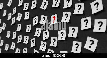 Uncertainty And Decision Making Concept. White Paper Notes With Question Marks Highlighting One Red Symbol On Dark Background. 3d Rendering Stock Photo