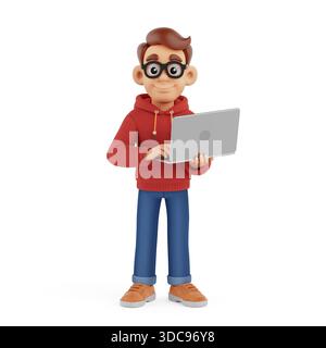Modern Technology And Learning Concept For Digital Lifestyle. Cute Nerd Student Character In Hoodie Using Laptop Isolated On White Background. 3d Rend Stock Photo