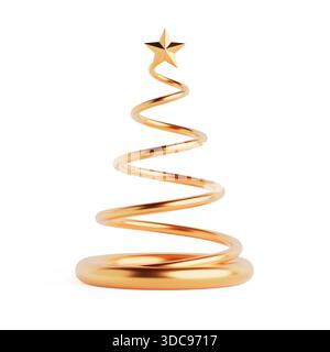 Minimalist Christmas Decoration Concept. Abstract Golden Spiral Christmas Tree With Star On Top Isolated On White Background. 3d Rendering Stock Photo