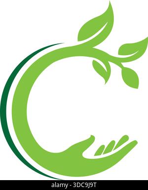 Circle Leaf Hand Eco Logo Design Nature Conservation Icon Template Vector Stock Vector