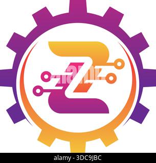 Digital Circuit Vector Icon Gear Letter Z Logo Design Creative Technology Template Stock Vector